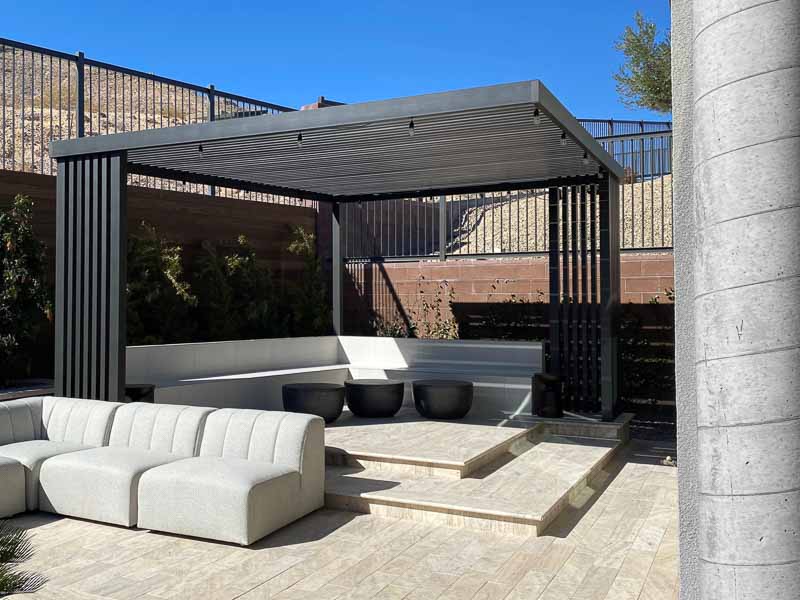 black 3-post cantilever 14x14 pergola